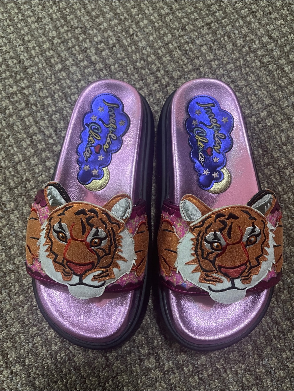 Irregular Choice Pink Purple Tiger Patch Slide Sandals